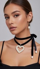 Vintage Upcycled Pearl Heart Choker Necklace and Dangle Earrings Set Velvet Tie