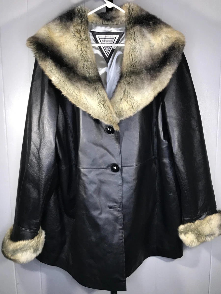 Veste En Cuir Noir Marvin Richards - Taille M - Doublure Léopard Vintage