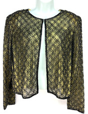 Vintage STENAY Silk Beaded Evening Jacket M Black/Gold Beads Over Metallic Gold