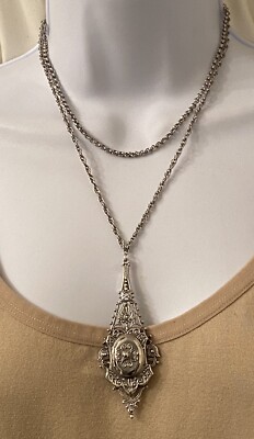 Vtg WHITING DAVIS Signed Ornate Silver Tone Layered Locket Pendant Necklace