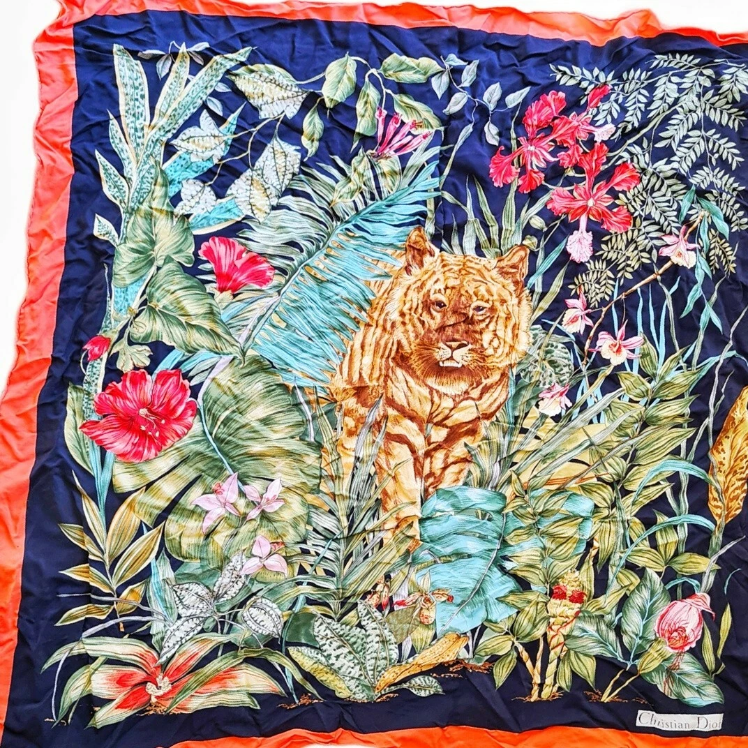 Écharpe Christian Dior jungle tigre orchidées vintage rétro 