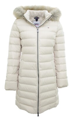 Tommy Jeans doudoune femme mi longue Essential Hooded beige blanc