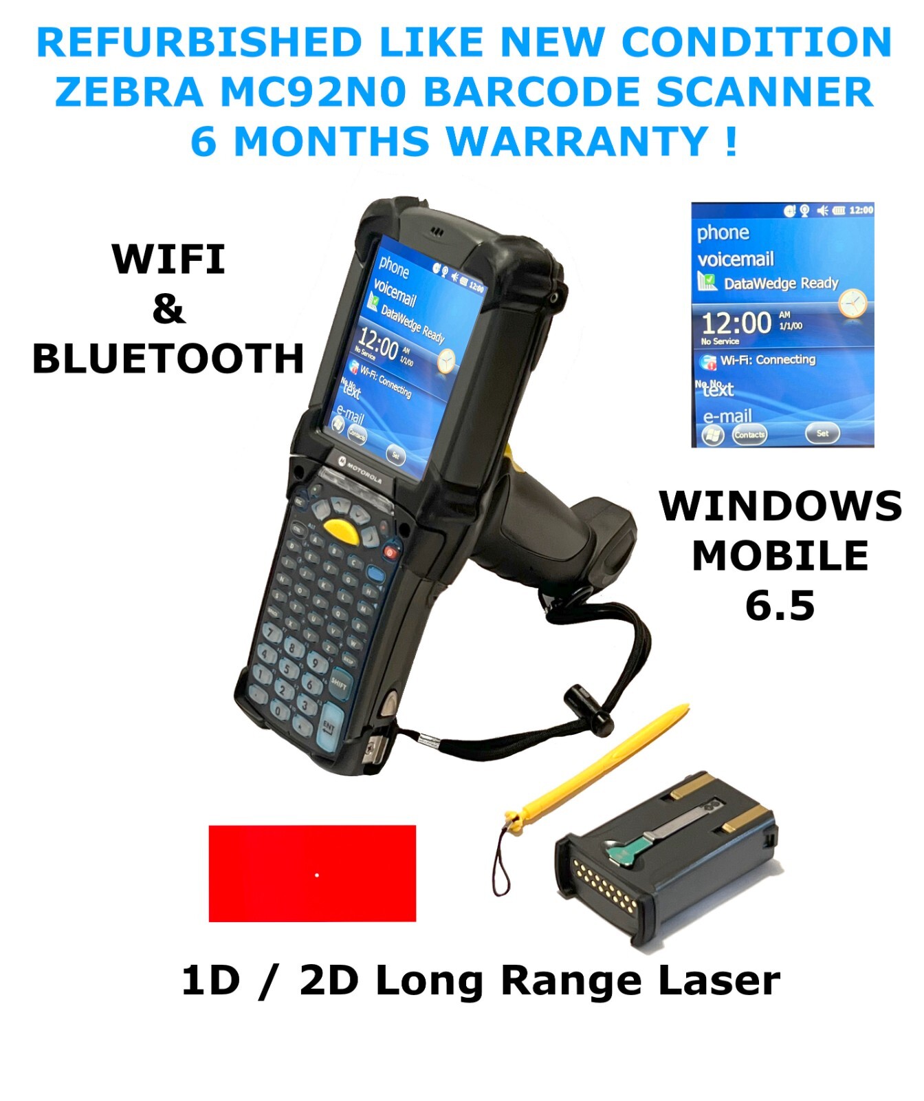 Symbol MC92N0-G90SXERA5WR 1D/2D LONG RANGE Laser Windows Mobile 6.5 NEW BATTERY