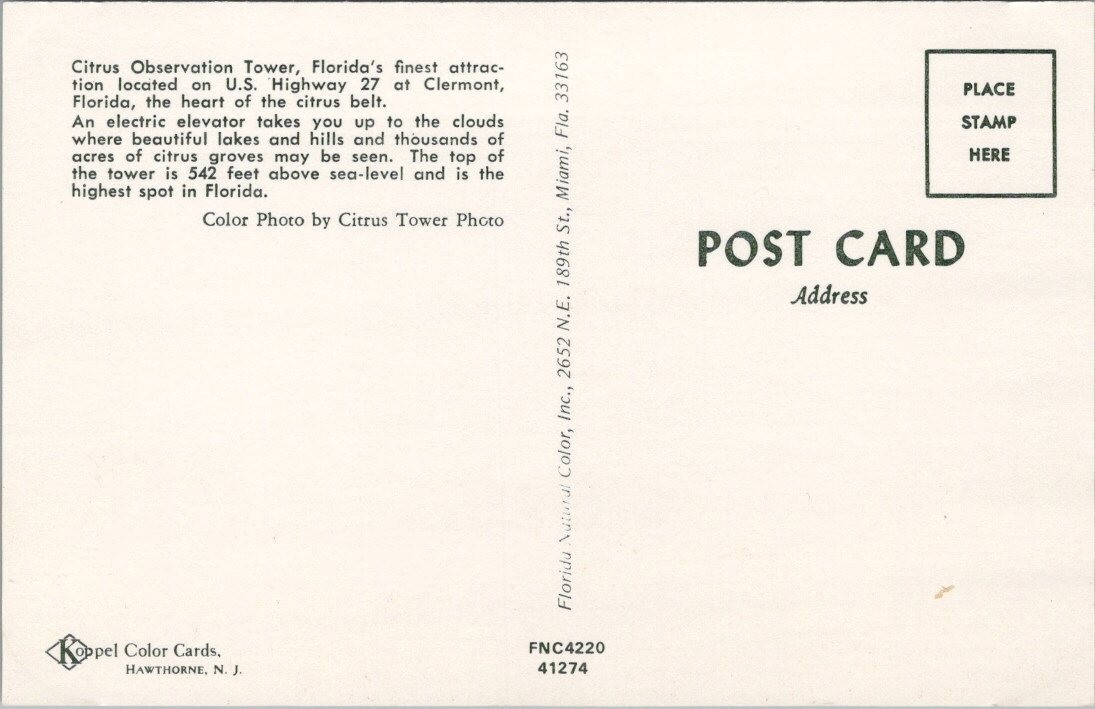 Clermont, Florida Citrus Observation Tower Highway 27 Postcard