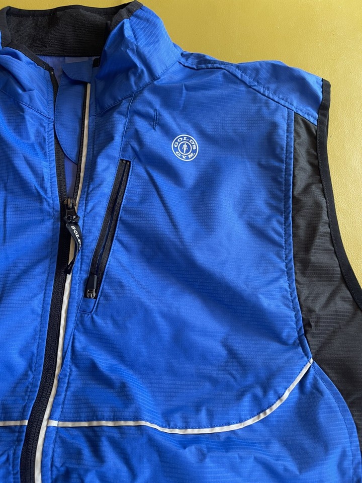 New Gold's Gym Vest Mens Black Blue Reflective Full Zip Windbreaker Sz