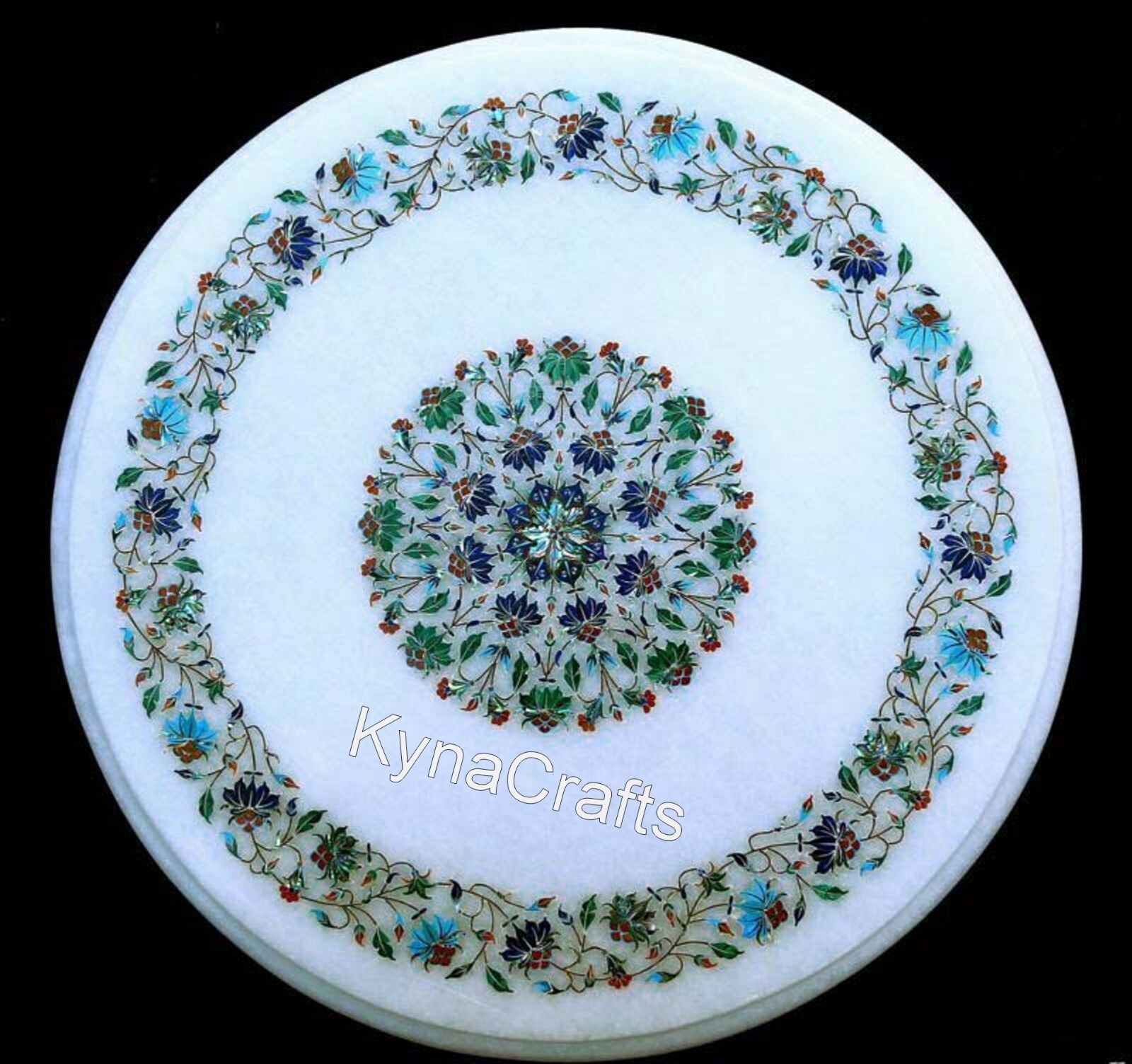 White Marble Side Table with Semi-Precious Gemstone Inlay