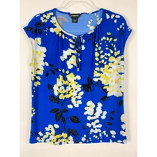 Liz Claiborne Womens Blouse Blue Floral Cap Sleeve Tie Neck Stretch Pullover M