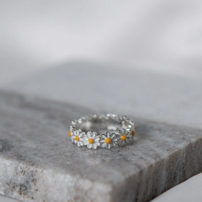 Silver Daisy Flower Enamel Ring - Dainty Floral Jewelry for Women Boho Ring - Image 4 of 4