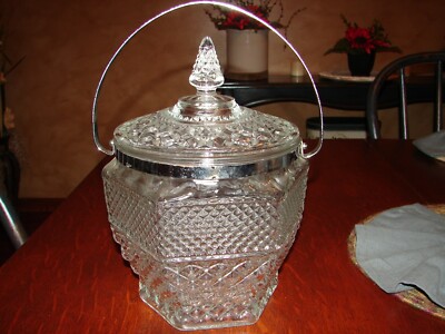 Vintage Elegant Pressed Glass Ice Bucket w/ chrome Handle & Ring Anchor Hocking