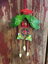 Vtg Christmas Ornament Hand Painted Cuckoo Clock Wooden