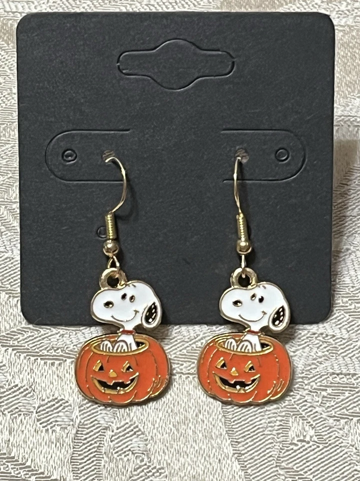 Snoopy Gold Loop Halloween Pumpkin Enamel Drop Dangle Bohemian Fun Earring Set - Image 3 of 3