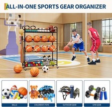 GRAVEE Ball Storage Rack Rolling with Baseball Bat Holder Hooks Sports Gear