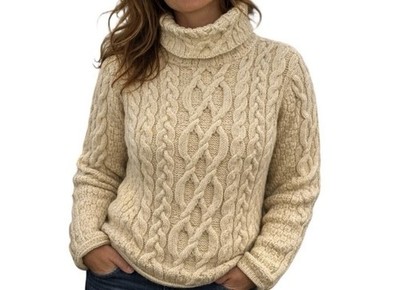 Inis Crafts Women Turtleneck Sweater Cream Cable Merino 100% Wool Large Ireland