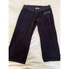 Juicy Couture Velour Wide Leg Track Pants Black Green Script Logo Y2K Vintage L