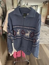 Vintage Scandia Woods Sweater Mens L Nordic Cardigan Zip Deer Knit Mock