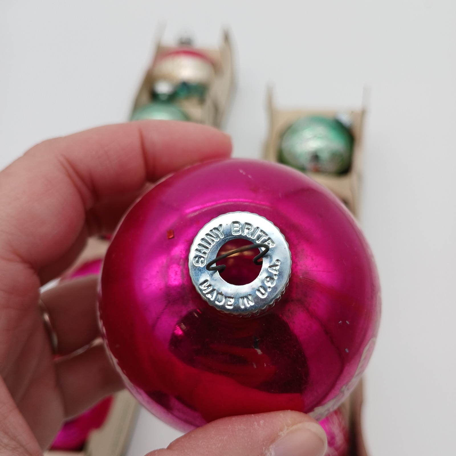 10 Vintage SHINY BRITE Glitter Mica Christmas Ornaments 2 5/8" Original Box