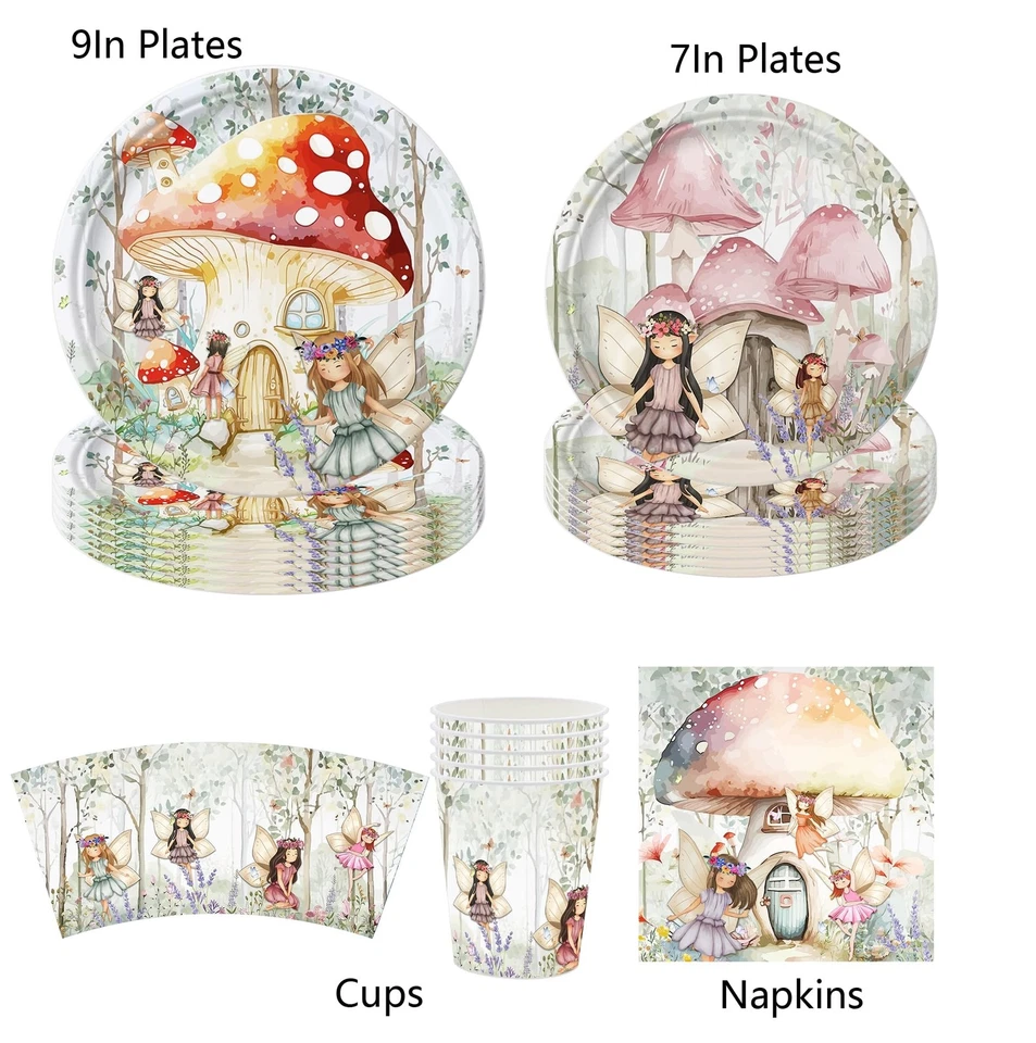 Juego de 142 piezas de suministros de fiesta de cumpleaños de hadas platos tazas servilletas tenedores mantel... Foto 3 de 4