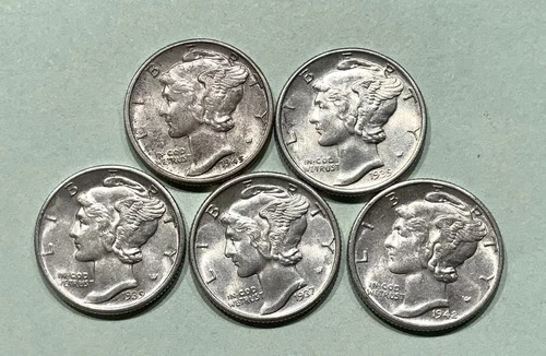 AU Mercury Dime Lot Of 5 1937-1945