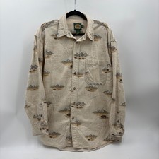 Cabelas Flannel Mens Large Tall LT Beige Bison Mountain Print Button Up Shirt