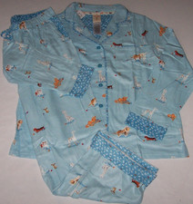 NWT Munki Munki Blue DOGS  BONES FLANNEL Pajama Set Women's L ADJUSTABLE INSEAM