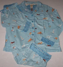 NWT Munki Munki Blue DOGS & BONES FLANNEL Pajama Set Women's M ADJUSTABLE INSEAM