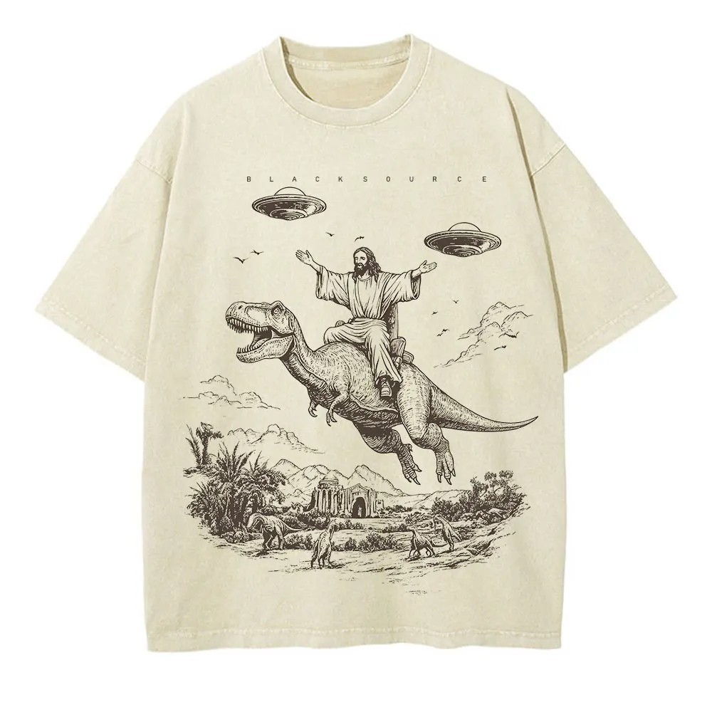 Unisex Cartoon Dinosaur Print T-Shirt, Vintage Distressed Fashion Tee