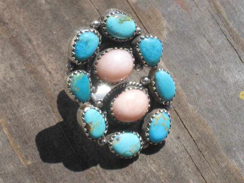 BIG NAVAJO SILVER TURQUOISE CLUSTER RING NATIVE AMERICAN INDIAN STYLE JEWELRY