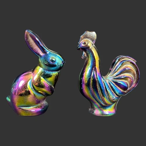 Vtg Fenton Rooster & Bunny Amethyst Purple Carnival Glass Miniature Figurines