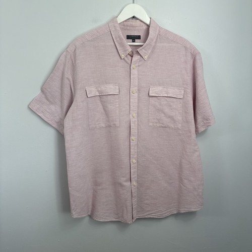 Marks & Spencer, M&S Shirt Mens Size 2XL Pink Linen Blend Holiday Summer Short Sleeve Pastel XXL