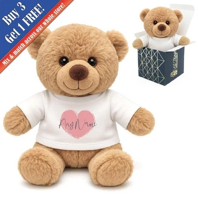 CNC GROUP Personalised Light Brown Teddy Bear Toy with T-shirt with Name in Heart Design
