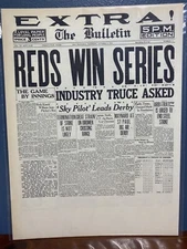 VINTAGE NEWSPAPER HEADLINE CINCINNATI REDS WIN WORLD SERIES 1919 BASEBALL CHAMPS