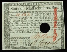 May 5, 1780 $8 Massachusetts Colonial Currency AU Cancelled/Mounted