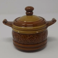 Japan Brown Ceramic 3D Floral Pattern Double Handle Covered Sugar Dish