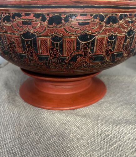 Antique Burmese 3 Piece Lacquer Temple Offering Bowl Stand Rich Orange & Black - Picture 7 of 11