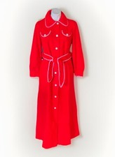 Vtg Western Long House Coat Robe Women M Puff Sleeve Collared Button Red Pop Art