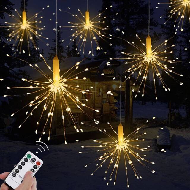 Hanging Copper Wire Starburst Garden Lights LED Firework Christmas Fairy Lights