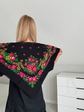 Vintage Black Floral Scarf   Retro Headscarf   Elegant Botanical Print   1970s S