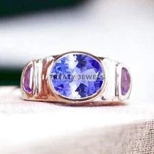 Tanzanite Oval Cut Gemstone With 925 Sterling Silver Ring For Men's #A567 *