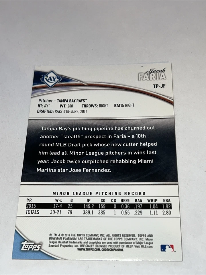 2016 BOWMAN PLATINUM - GREEN REFRACTOR - JACOB FARIA (RC) Serial #d 26/99 = MINT - Image 2 of 2