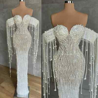 Elegant Intricate Off Shoulder Mermaid Wedding Dresses with Pearls Tassels