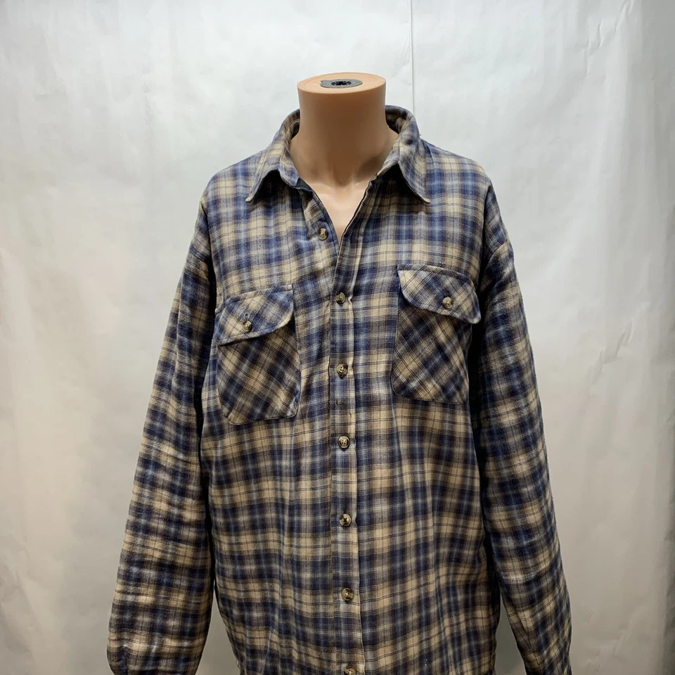 Vintage Eagle Crest mens Large Tall  Flannel Jacket Blue Tan Plaid Lined Shacket - Image 2 of 4