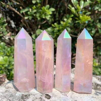 3 ~ 4'' Angel Aura Rose Quartz Point Obelisk Rainbow Crystal Tower Decoration