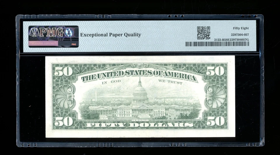 DBR 1985 $50 FRN New York Fr. 2122-B PMG 58 EPQ Serial B75271421A - Image 2 of 2