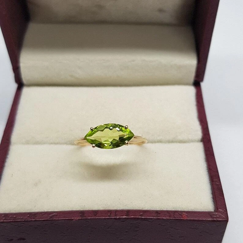 14k Yellow Gold Natural Marquise Cut Peridot Gemstone Solitaire Dainty Ring - Image 3 of 4