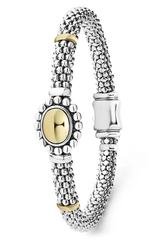 LAGOS 18K Gold Sterling Silver High Bar Oval Dome Bead caviar Link Bracelet 8 L Foto 2 de 4