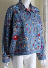 Chico's Design Sz 2 L All Embroidered Asian Art-to-Wear Floral Jean Denim Jacket