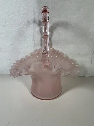 Vintage Pink Ruffled Rim Handled 7" Basket Fenton Art Glass Bowl