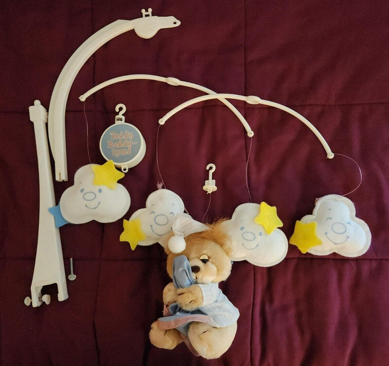 Vintage Judi's - Musical Crib Mobile Teddy Beddy-Tyme Plush Bear Clouds Nursery