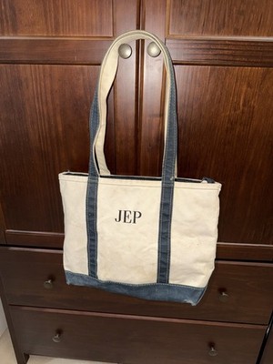 Vintage LL Bean Boat & Tote Tote Bag Short Black Straps White Canvas Monogramed