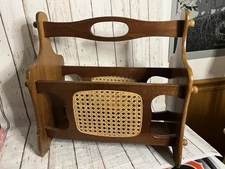 Vintage Oak Wood Woven Wicker Rattan Cane Magazine Book Record Rack Holder